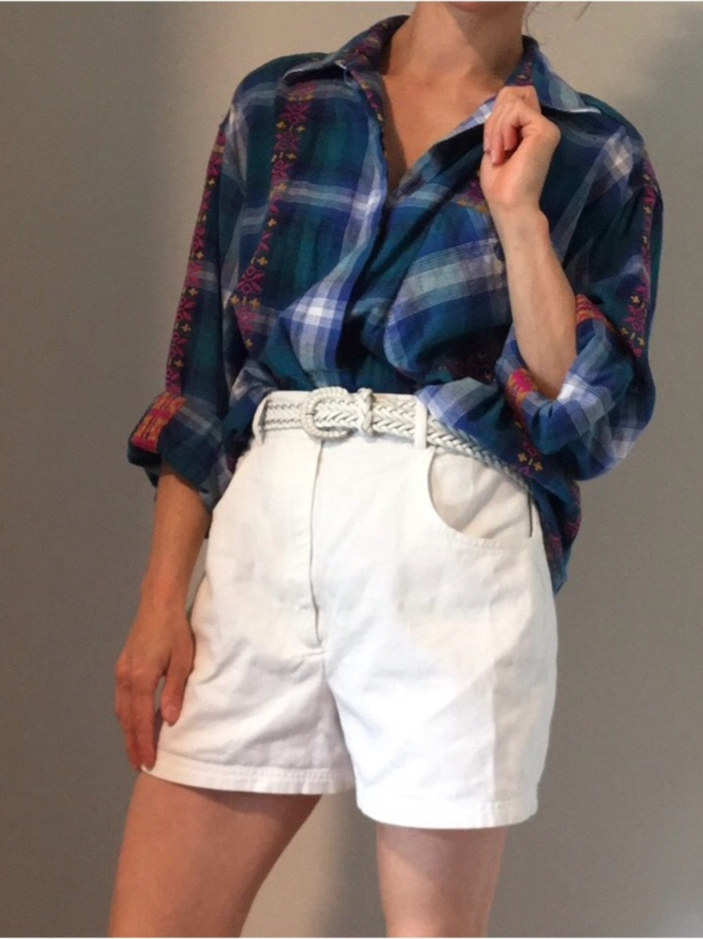 Vintage Blue Plaid Button-Up Shirt with Embroidered Accents